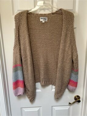 BUCKETLIST Taupe Open Cardigan with Pink, Coral and Blue Stripes
